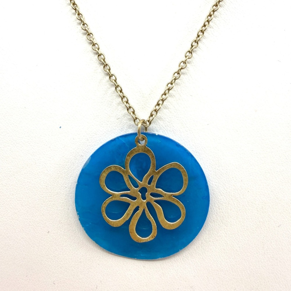 Blue Flower Pendant Necklace Brass Tone Chain Boho Statement Layering Gift